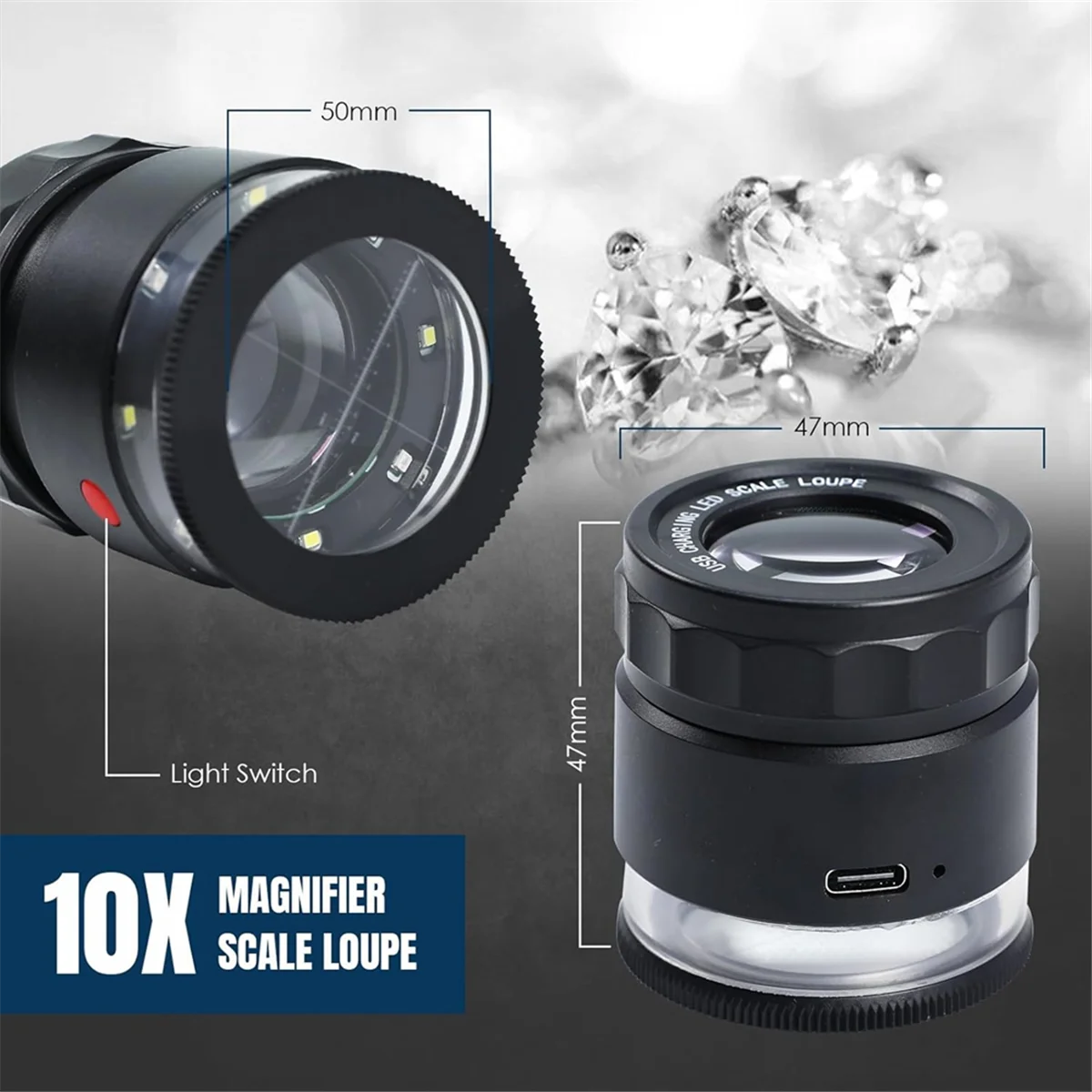 BOFO Loupe Magnifier 10x,Rechargeable Jewelers Magnifying Glass with LED Light and Scale, Adjustable Focal Length Magnifier