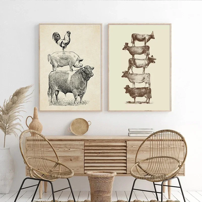 Farm Poultry Cow Pig Chicken Nuts Vintage Poster Prints Kitchen Decor Farmhouse Retro Canvas Painting Room Wall Art Pictures