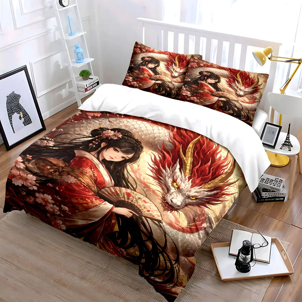Lady in Red with White Dragon Printed Duvet Cover Set1 Duvet Cover+2 PillowcaseMulti Size Bedroom Bedding Decor Luxury gifts