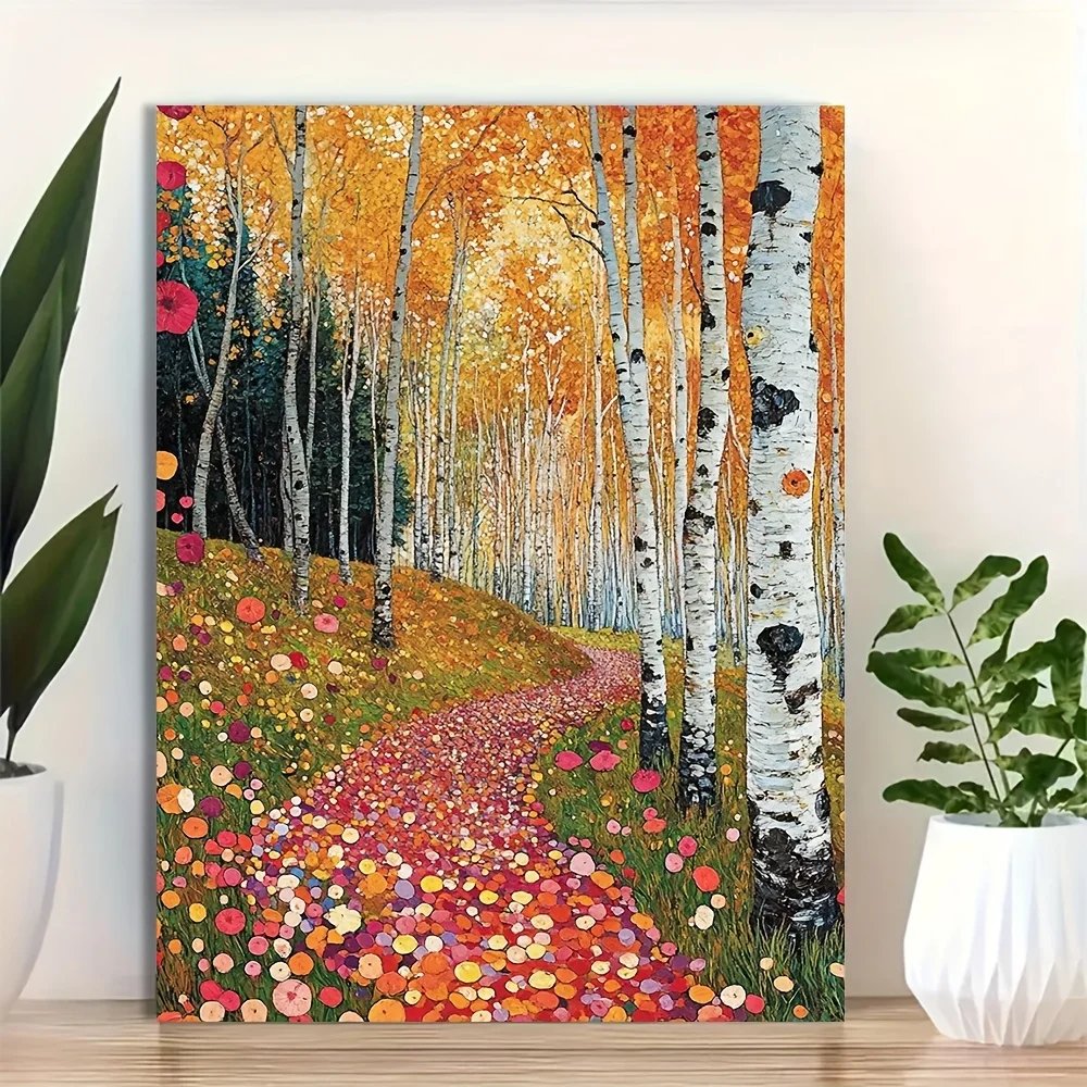 No Framed  Autumn Forest Canvas Wall Art Print - Gustav Klimt Inspired Vibrant Land Decor, Modern Art Nouveau Landscape Painting
