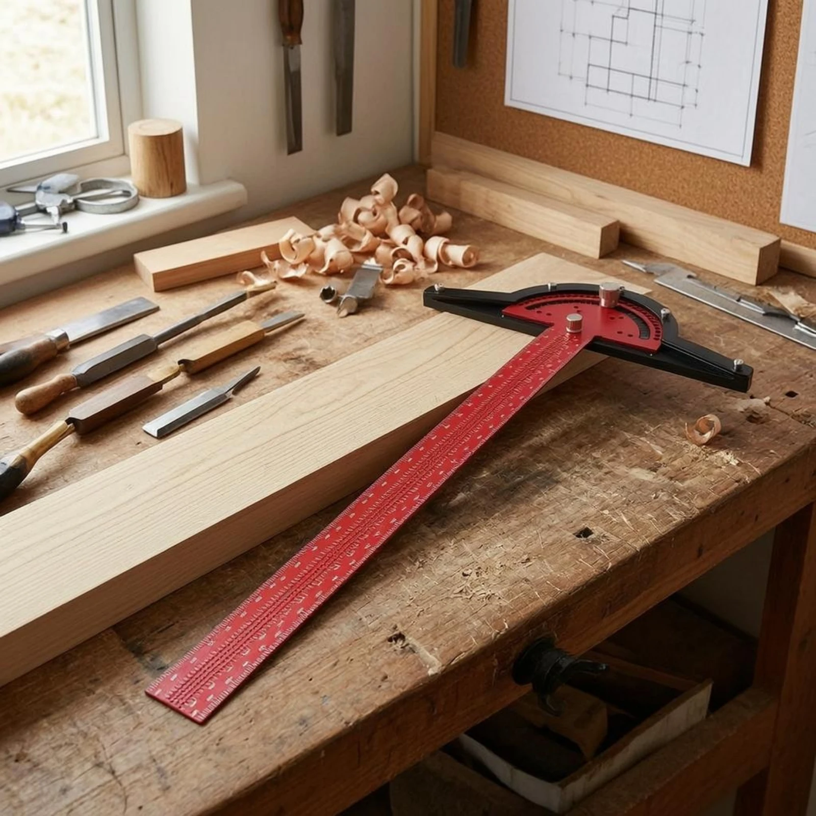 T-Square Angle Gauge Lockable Woodworking Marking Ruler Protractor Ruler Red and Black Layout Tool for Woodworkers