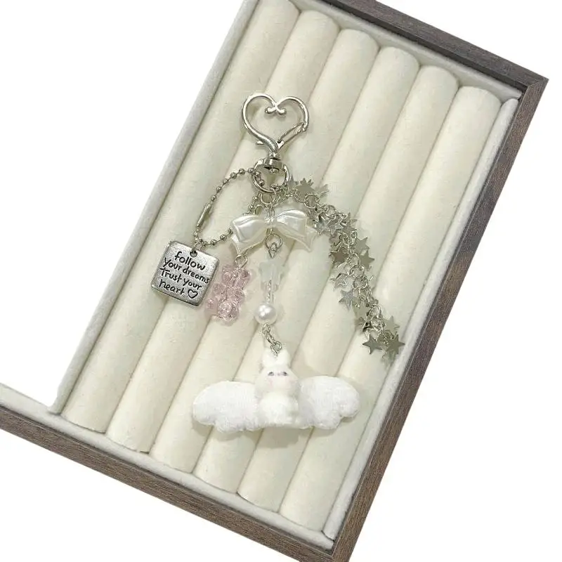 Niedlicher Engel-Häschen-Schlüsselanhänger, weicher Plüsch-Anhänger mit Schleife und Sternen-Charms, perfekt als tägliches Geschenk für Mädchen, Rucksack-Deko. – Detail 8