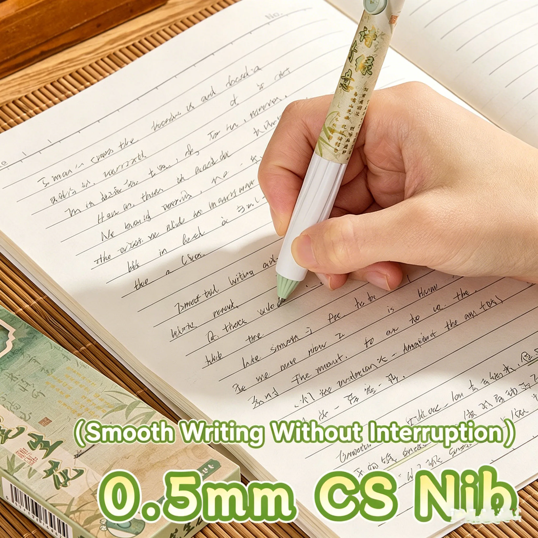 Chinese Vintage Aesthetic Retractable Gel Pens, 0.5mm Quick Dry Black Ink, 4Pcs, Green & Beige Ink Pens for School Office Journa