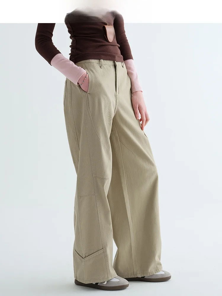 

Khaki Workwear Pants Women's Loose Casual Trousers Spring Season High Waist Button Cotton Fabric Ladies Casual Scene