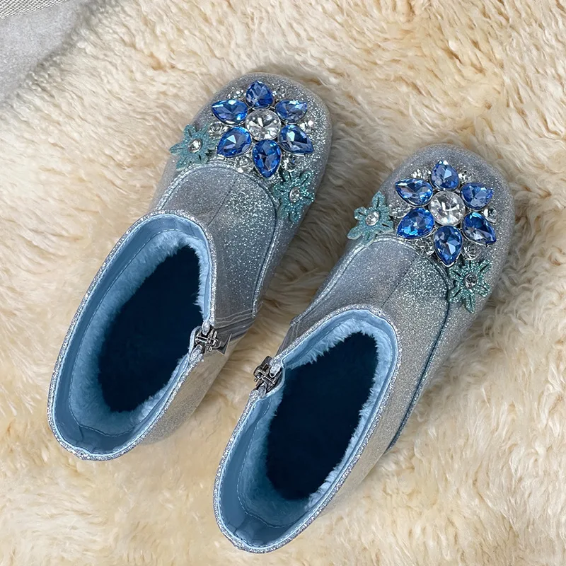 Picture 6: Children's Blue Boots Girls Love Sally Princess Diamond Boots  New 2026 Autumn Winters Cuhk Children Add Wool Warm Shoes Boots