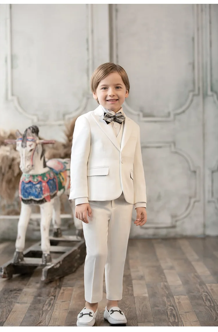 Children Jacket Vest Pants 3PS Ceremony Photograph Suit Kids Piano Performance Costume Flower Boys White Baptism Party Dress