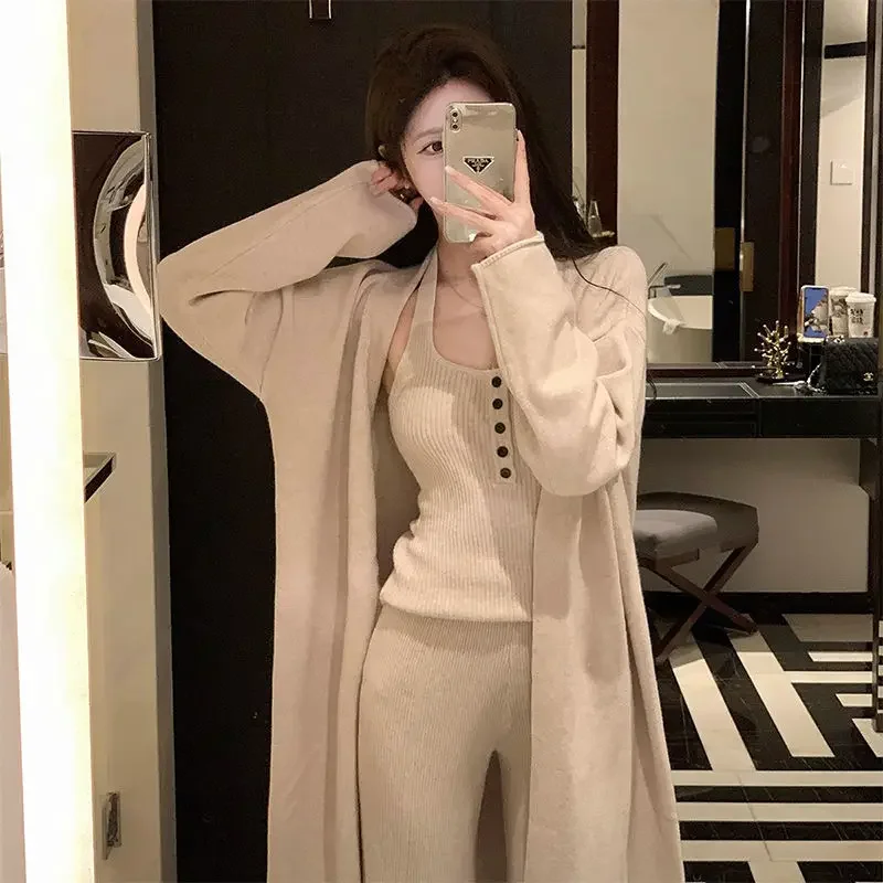 

Fashion Knitwear Set Women Clothing Autumn and Winter New Slimming Knitted Cardigan Strap Tank Top Wide Leg Pants 3-Piece Set