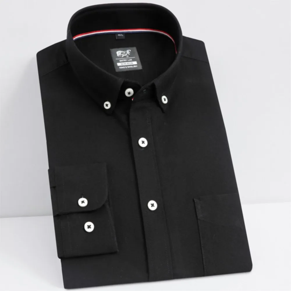 

Cotton Men's Long Sleeve Oxford Casual Black Shirts Front Patch Chest Pocket Button-down Collar Thick Work Business Shirt