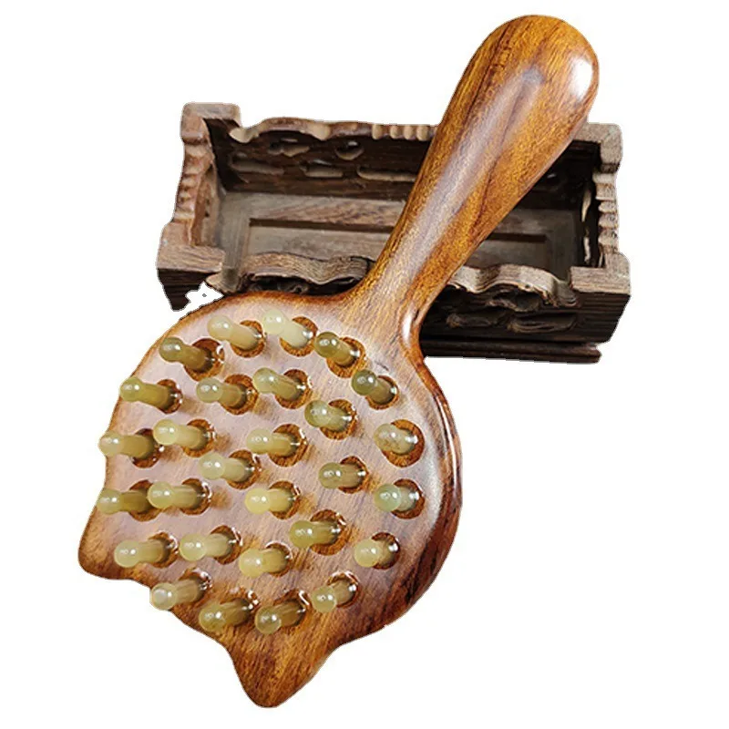 

Head Massage Comb, Croissant Comb Sandalwood Meridian Comb Leather Whole Body Household