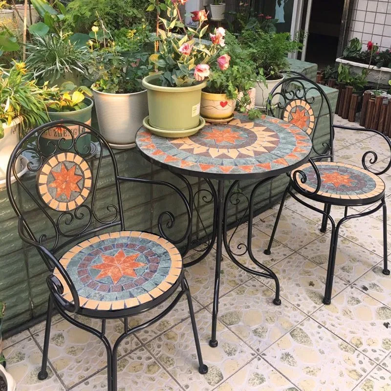 

Outdoor Wrought Iron Patio Table and Chairs Set with Mosaic Design - 3-Piece Garden Furniture for Yard, Open-air Leisure