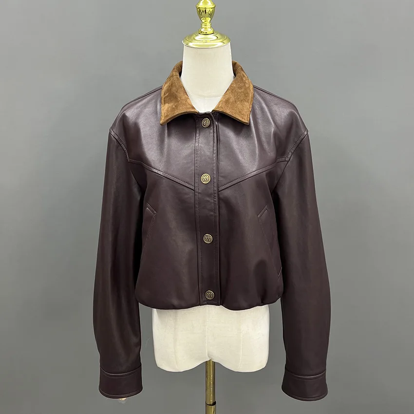 Giacca da donna corta in vera pelle marrone autunno e inverno Cappotto elegante ed elegante JFB6-25001