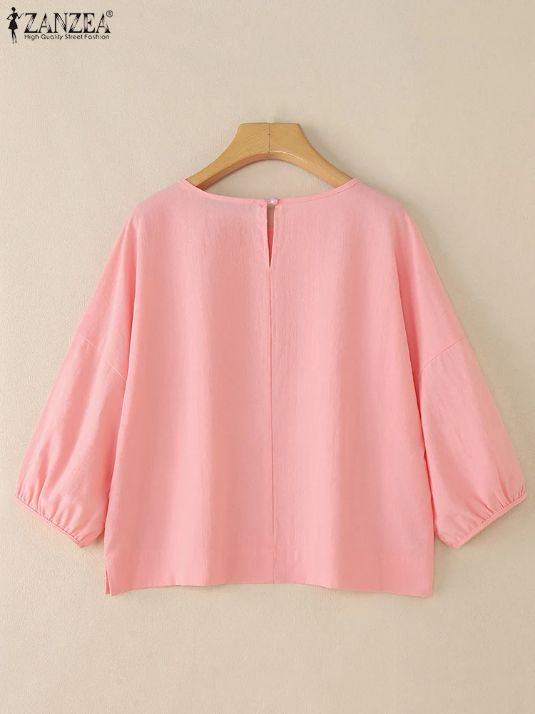 ZANZEA Casualowe bawełniane bluzki damskie Oversize z dekoltem O-Neck, rękawem 3/4 typu latarnia, Blusas Mujer, wiosna-jesień 2025, luźne bluzki w jednolitym kolorze