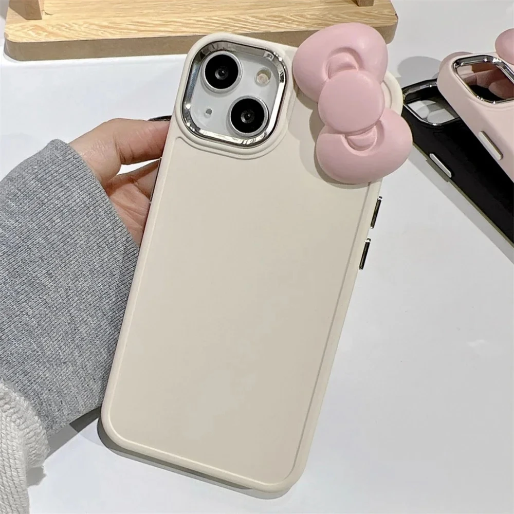 Korean Cute 3D Pink Bowknot Phone Case For iPhone 16 15 14 13 12 11 Pro Max X Soild Color Shockproof Soft Silicone Luxury Cover