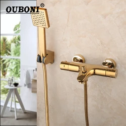 OUBONI Golden Plated Bathroom Thermostatic Shower Set W/ Rainfall Hand Shower Held Wall Mounted Bathtub  Shower Mixer Faucet Set