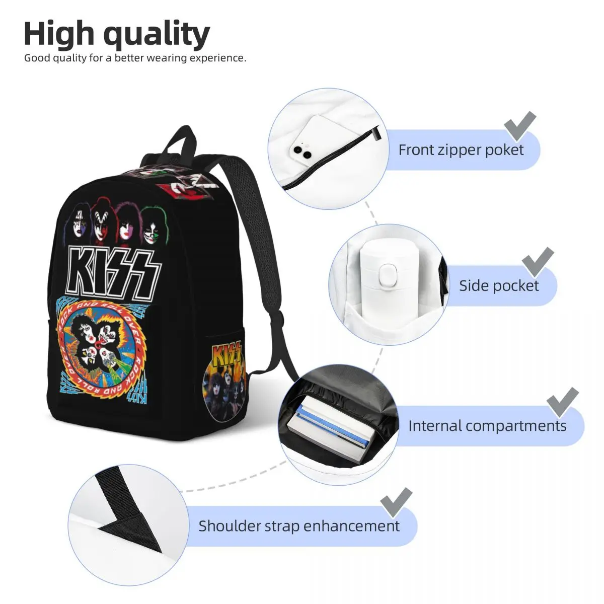 Kiss Band Logo Backpack for Men Women Fashion High School Hiking Travel Daypack All Members Faces College Canvas Bags Outdoor