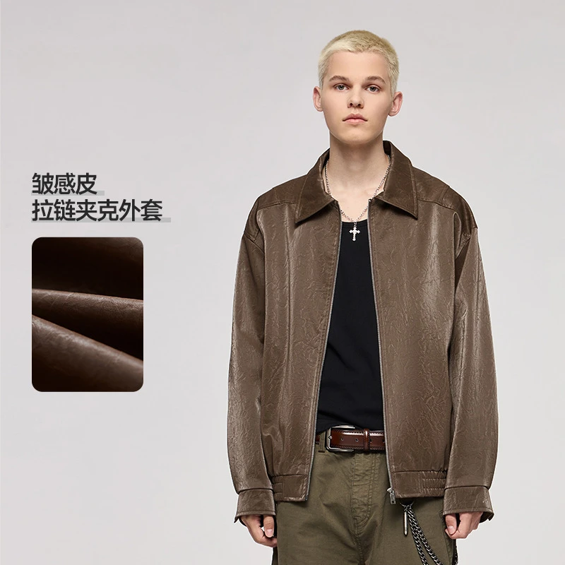 Men Wrinkled Leather Jacket Coat 2024 Autumn/winter New Collection American Retro Workwear Street Zipper Cardigan Windproof Top