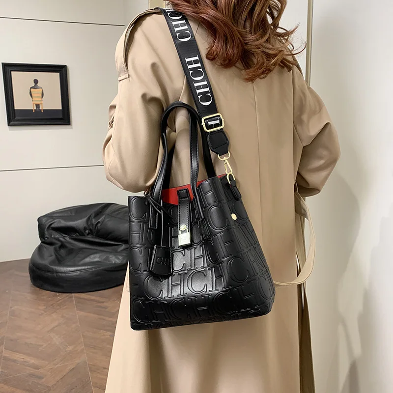 Bolsa balde feminina da moda inverno 2026, bolsa crossbody impressa de grande capacidade, bolsa de ombro elegante e versátil para uso diário