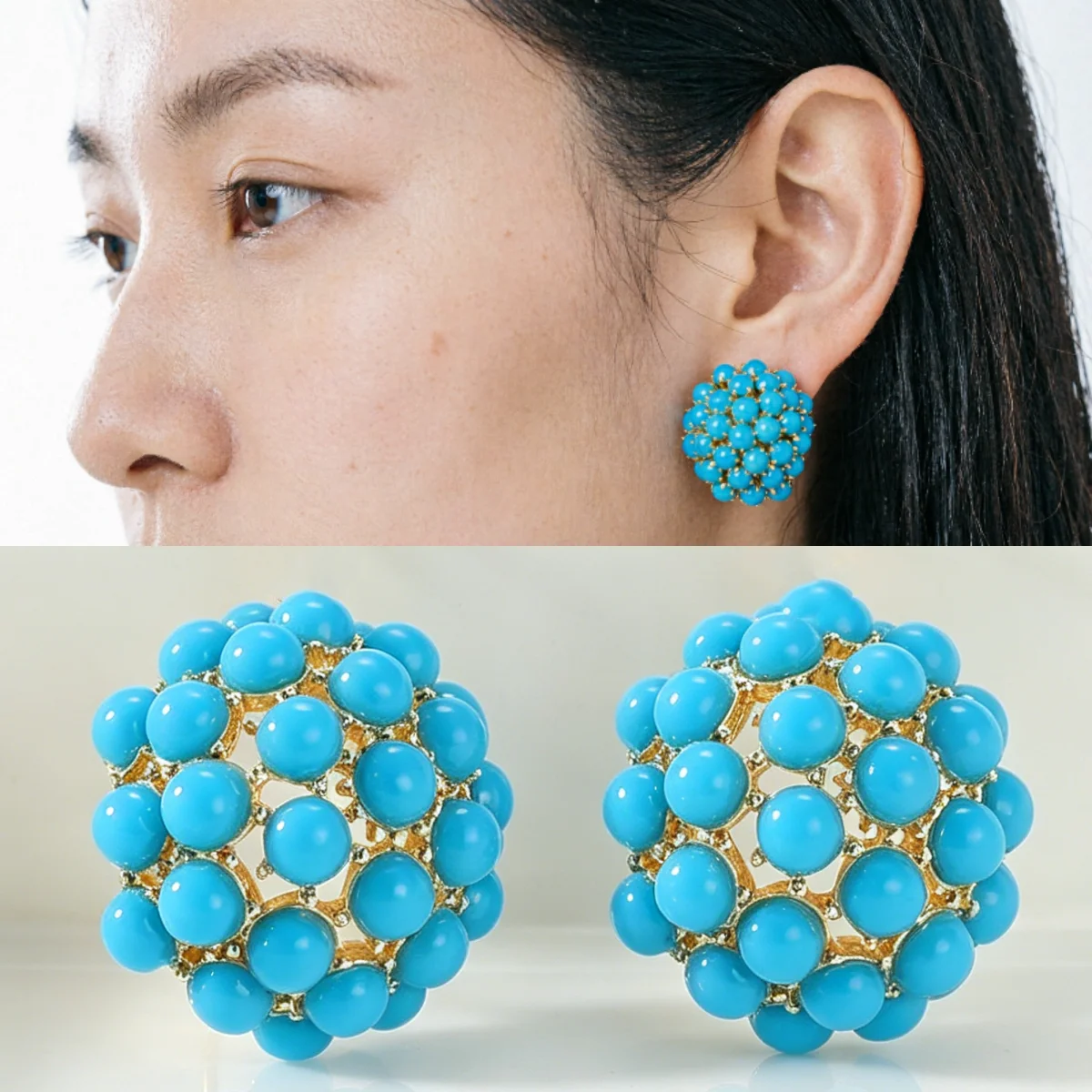 Luxury Elegant Synthetic Turquoise Cluster Golden Stud Earrings Women's Chic Design Classic Banquet Vacation Jewelry Accessories