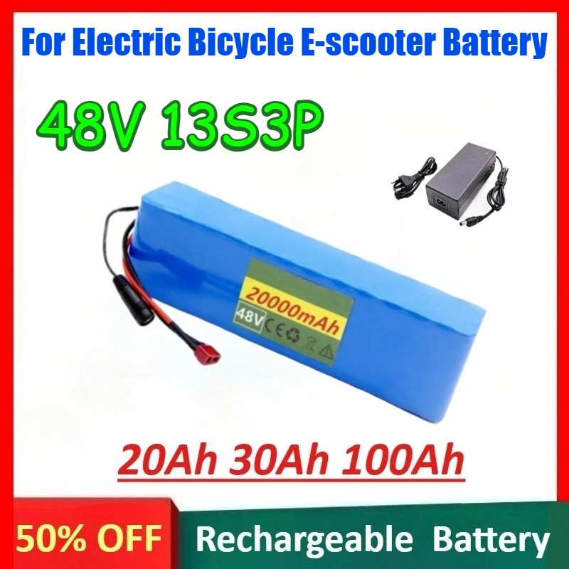 

48V 20Ah 30Ah 100Ah 13S3P 18650 Rechargeable Li-ion Battery Pack for Electric Bicycle E-scooter Battery + 54.6V 2A EU Charger