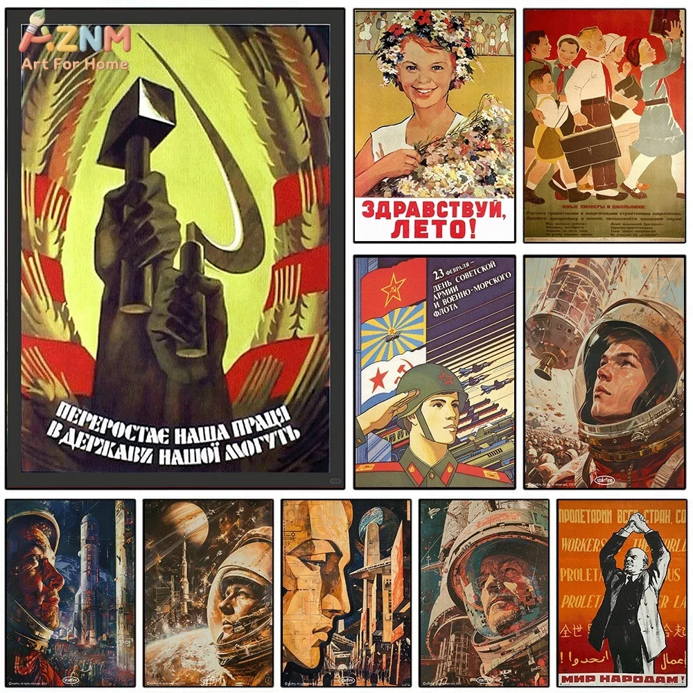 Vintage USSR Soviet Propaganda Canvas Poster Frameless Retro Space Worker Wall Art Print Historical Painting Home Room Decor G
