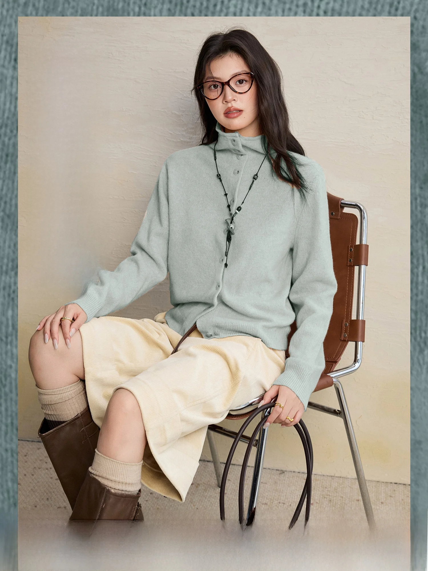 

Adjustable High Collar Full Wool Knitwear Faionable All-Match Autumn Winter New Sle Fine Branch Women's Sweater