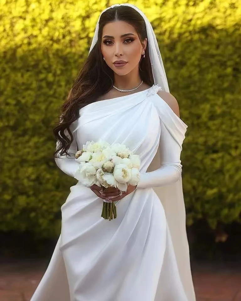 Msikoods-vestido de novia plisado de satén con mangas, traje de novia con cinturón de lentejuelas, Arabia Saudita