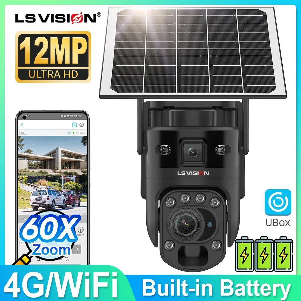 

LS VISION Ubox 4K Outdoor CCTV Camera with 60X Optical Zoom Dual Screen WiFi Solar Powered PTZ Human Auto Tracking PIR Detection
