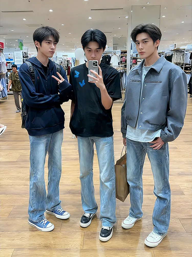 

Blue Lightning Pattern Straight Leg Jeans Men's Casual Slim Fit Spring Summer Autumn High Street Style Comfortable Long Trousers