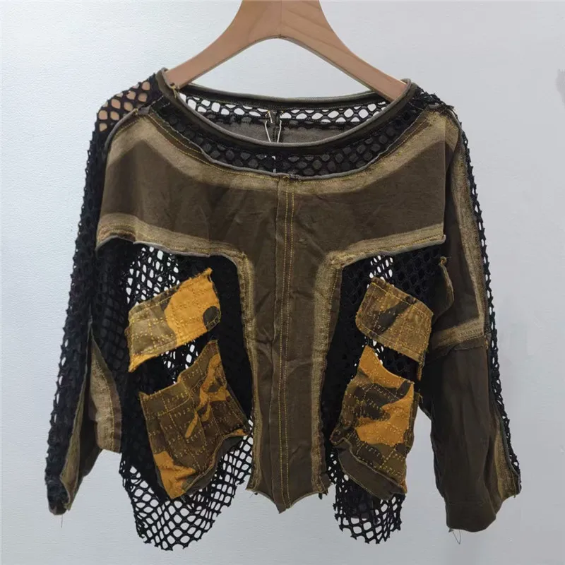 Women Fishing Net Splicing Camo Contrast Color Mesh T-shirts Vintage Gauze Tees Hollow Out Crop Tops + Haren Pants 2Pcs Sets