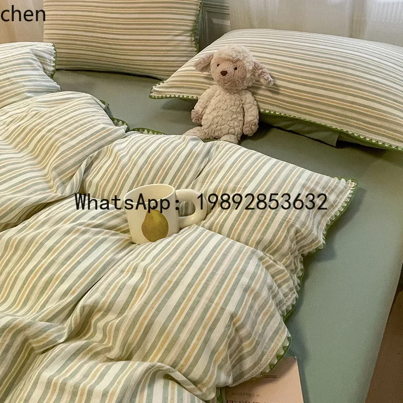 

4-9simple pure cotton washed cotton four-piece set, all-cotton duvet cover, student dormitory three-piece set