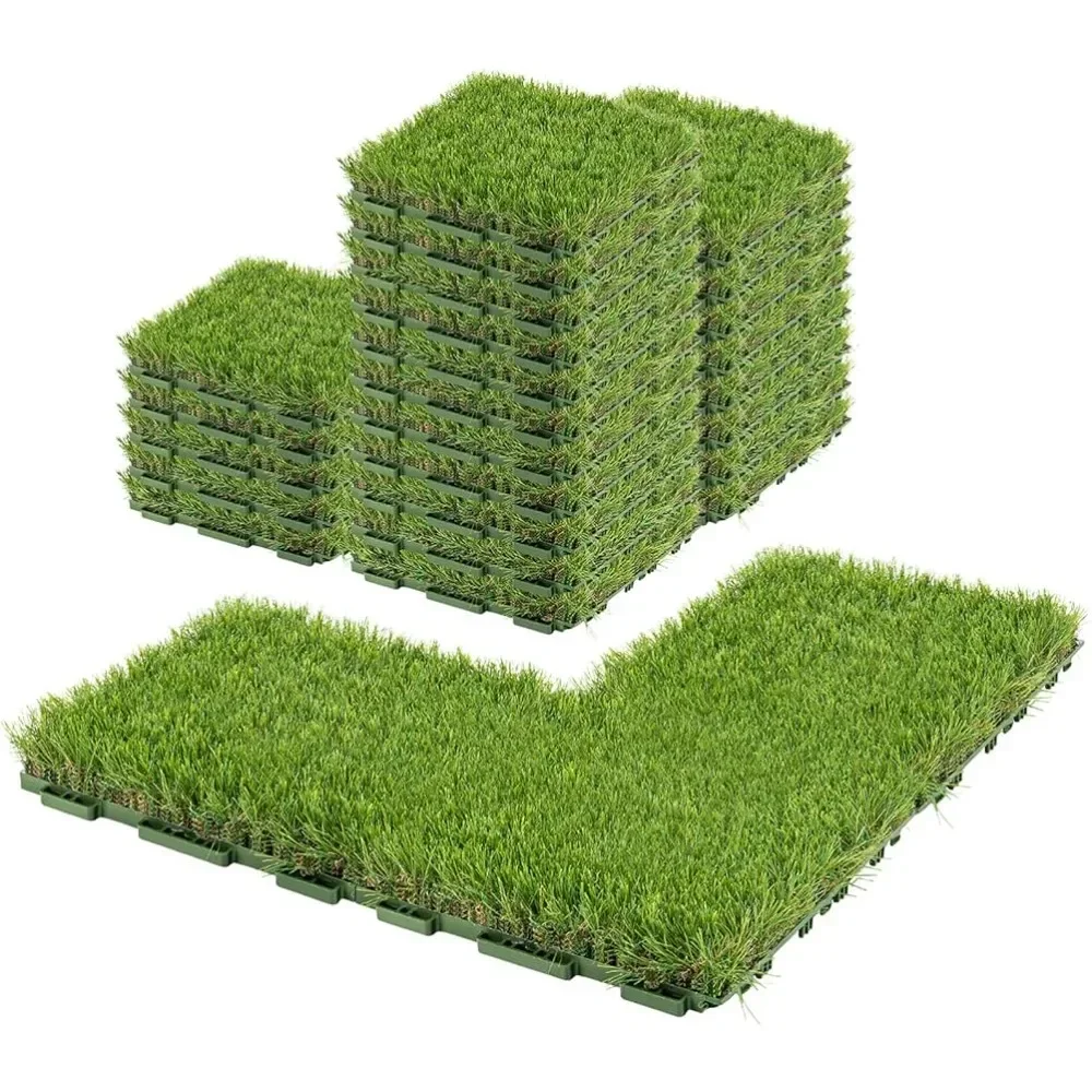 

1.57" H Interlocking Artificial Grass Tiles, 12" X 12" 27 Pcs Fake Grass Deck Turf Tiles with Upgrade Interlocking System