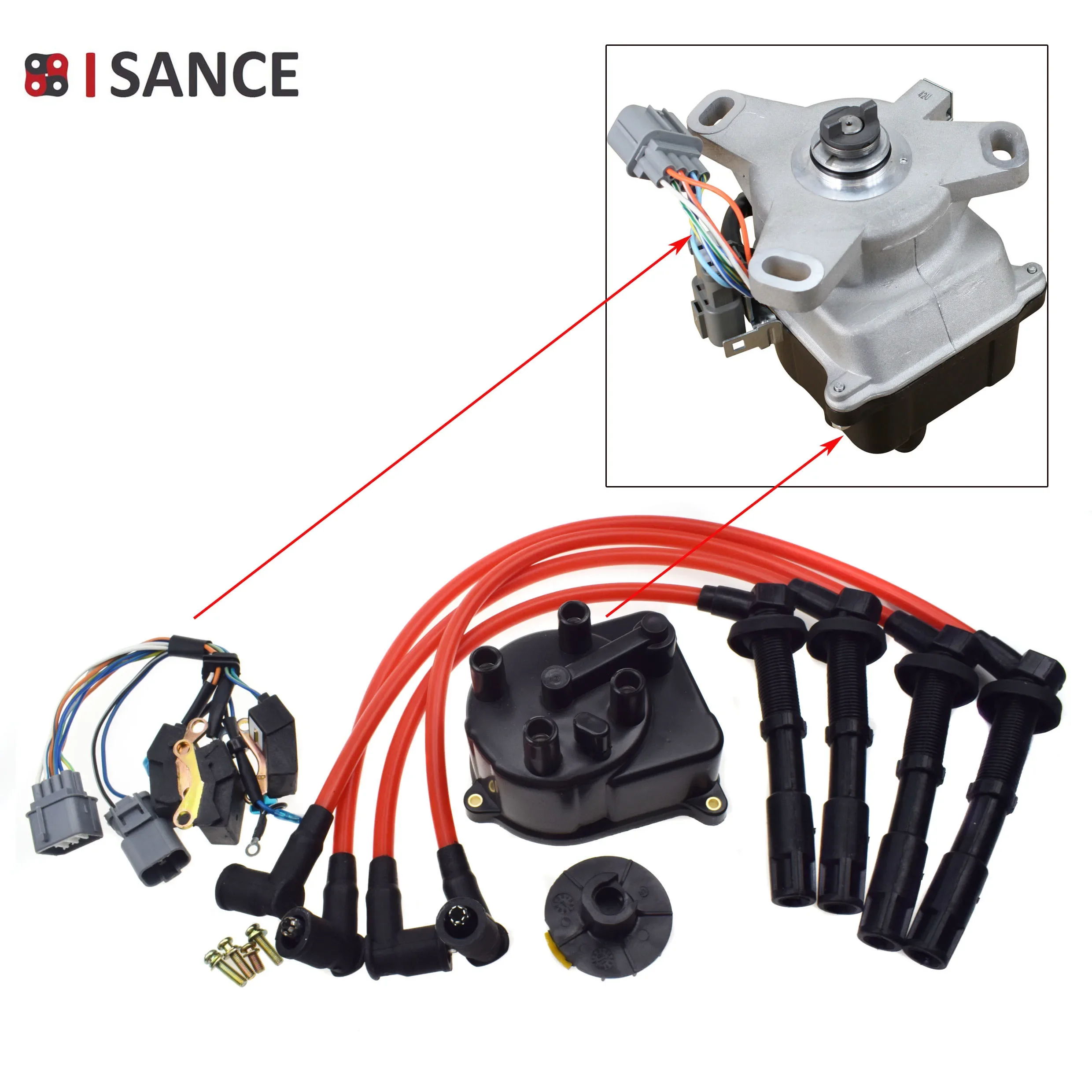 Ignition Distributor Cap Motor & Wires Cables Connector Plug Harness For Honda Civic & Civic del Sol 1.5L 1.6L  TD-42U D15 D16