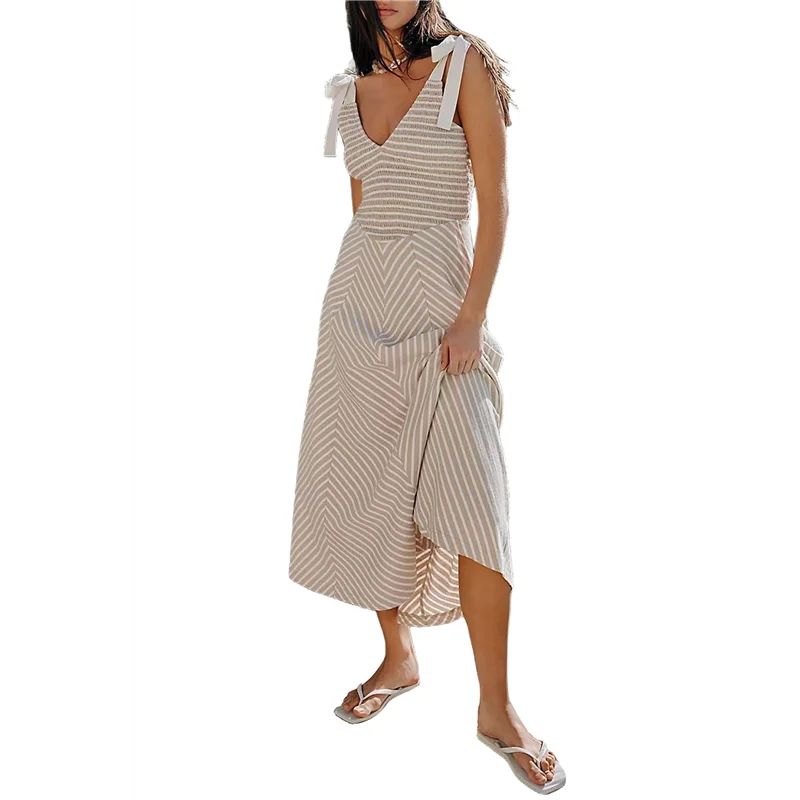 Women Casual Summer Smocked V Neck Beach Striped Sleeveless Sundress Flowy Long Dress With Pockets