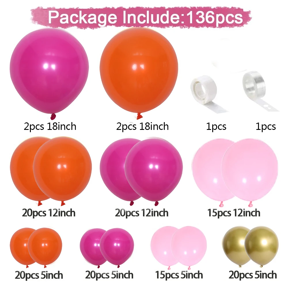 136pcs Hot Pink Orange Balloon Garland Arch Kit Gold Metallic Pastel Pink Latex for Birthday Wedding Rainbow Encanto Party Decor