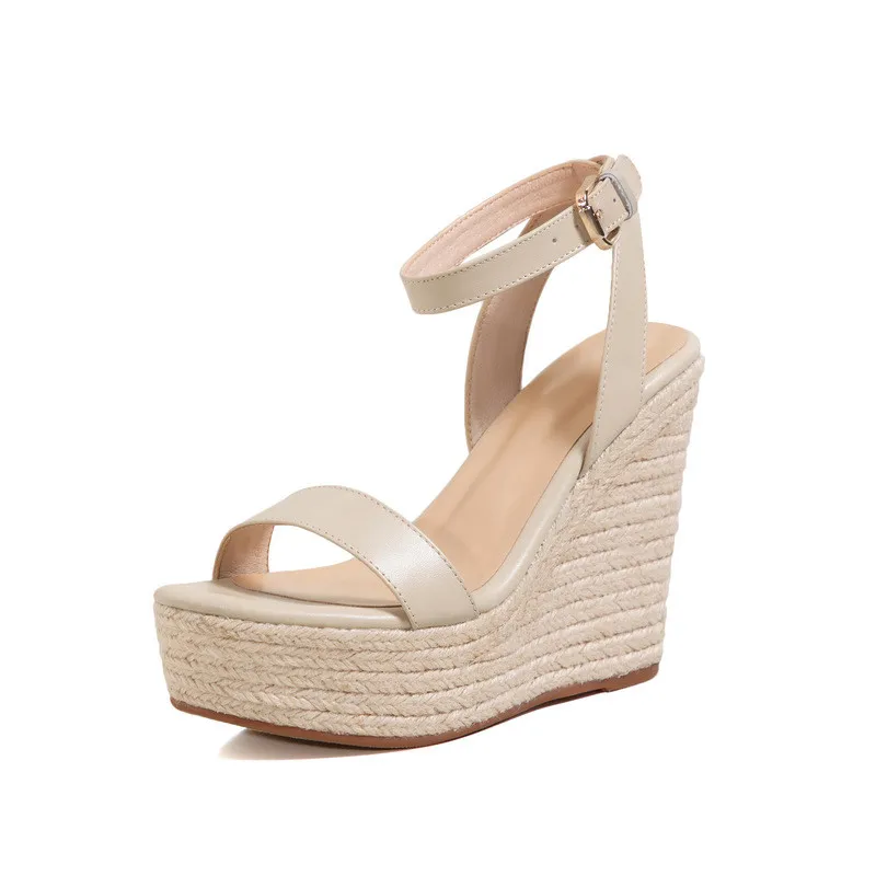 Women's Shoes Summer 2022 Wedge-straw Waterproof Table One Line Buckle Strap Waterproof Table 12CM Thick Wedge-heeled Sandal