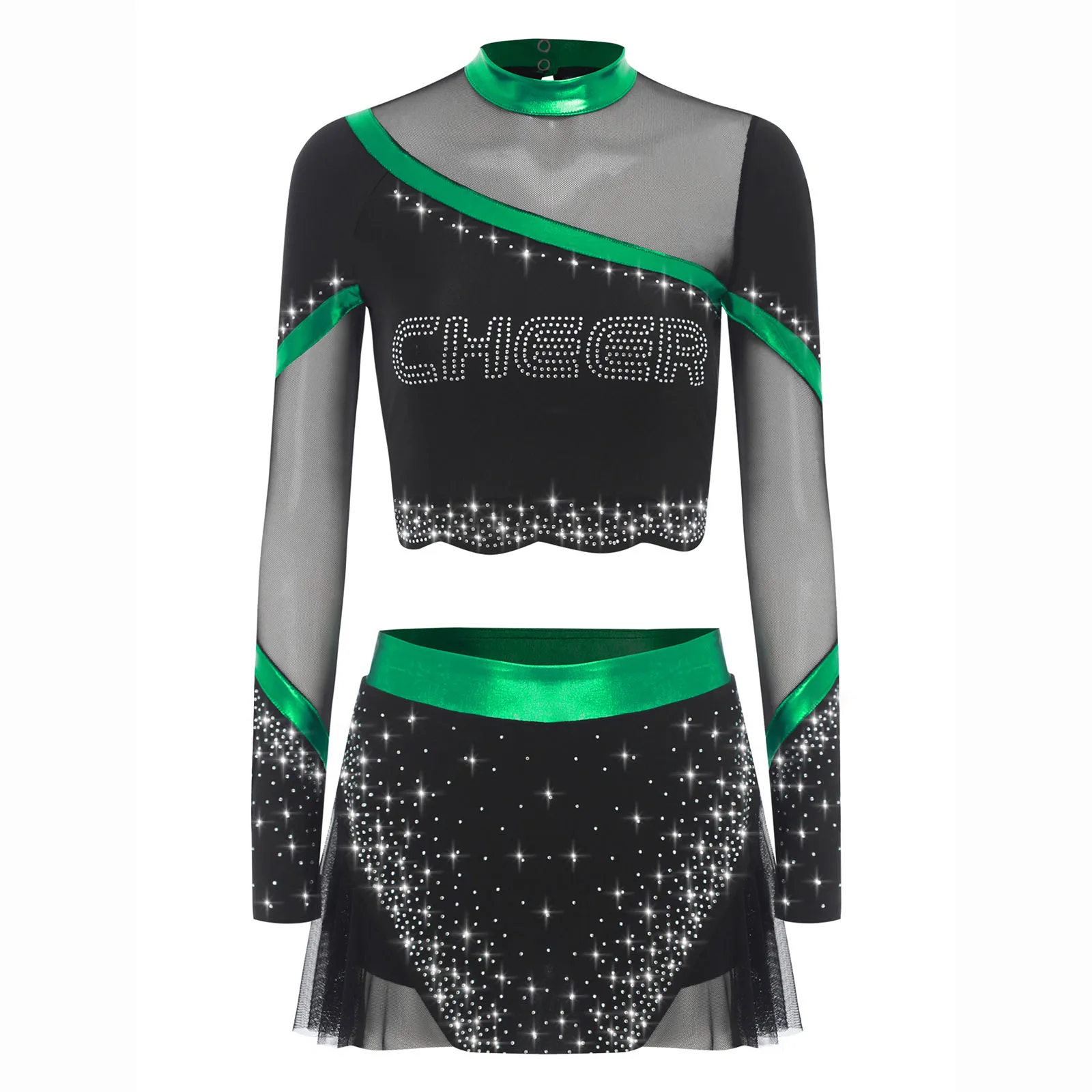 

Women Cheer Team Suit Competition Cheerleading Outfit Long Sleeve Crop Tops with Dance Skirt for College Group Dance Performance