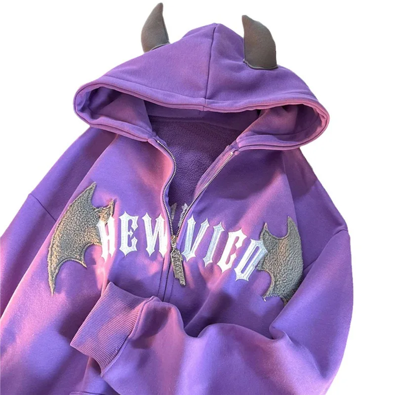 American Retro Little Devil Horn Halloween Hoodie Y2k Women\'s Embroidery Zipper Hooded Shirt Harajuku Casual Loose Hoodies Coat