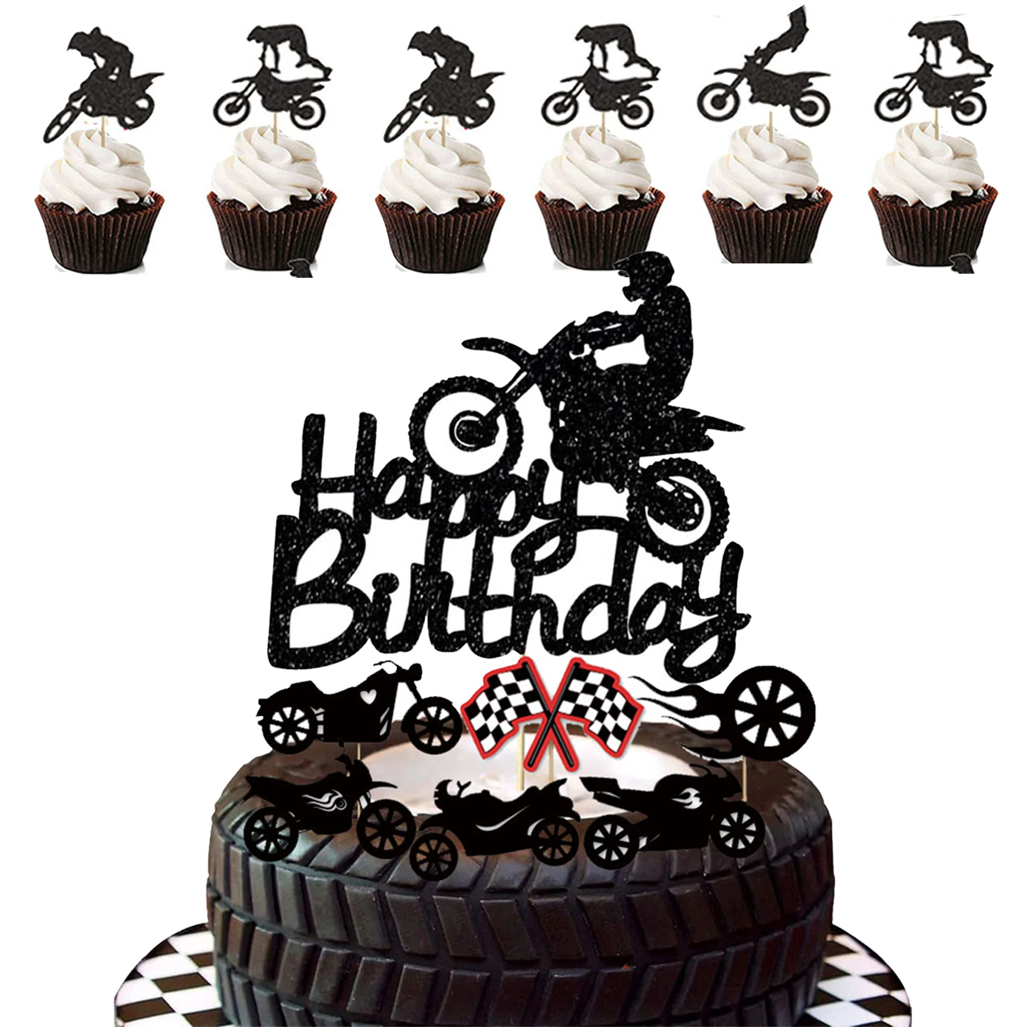 Dirt Bike Party Decoration Happy Birthday Cake Topper Cupcake Toppers For Boys Men Motorcycle Rider Racing Birthday Decorations