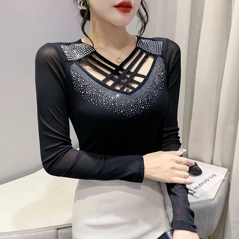2023 Spring Autumn New Women Mesh Tops Fashion Cross Hollow Ironing Drill Long-Sleeved Bottoming Shirt Elasticity T-Shirt