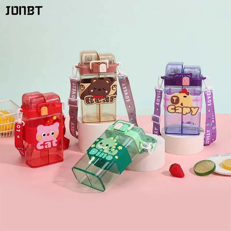 

Cute Double Drinking Plastic Water Bottle With Straw Lid Cartoon Children's Portable School Drink Bottle For Boys and Girls Gift