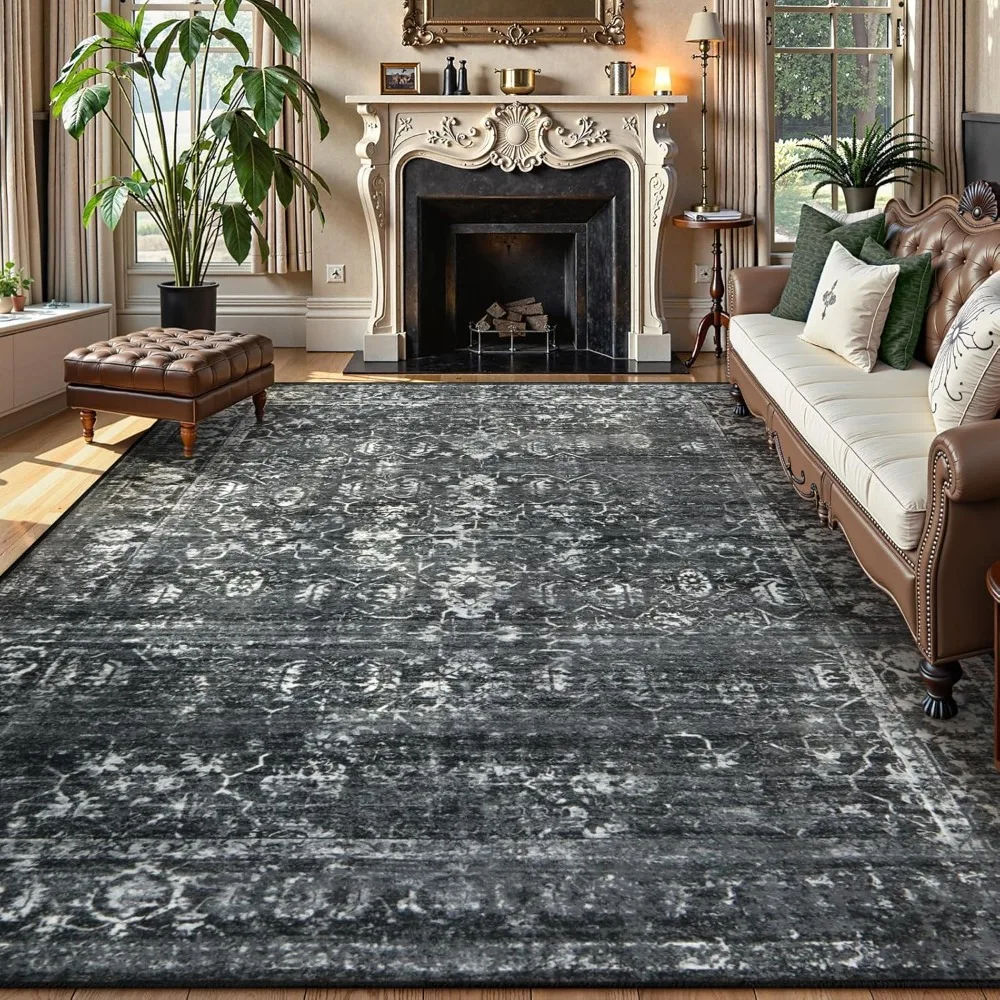 

Area Rugs 9x12 Living Room Soft Large Rugs For Bedroom, Boho Black Dining Room Rug, Distressed Non Slip Low Pile Carpet