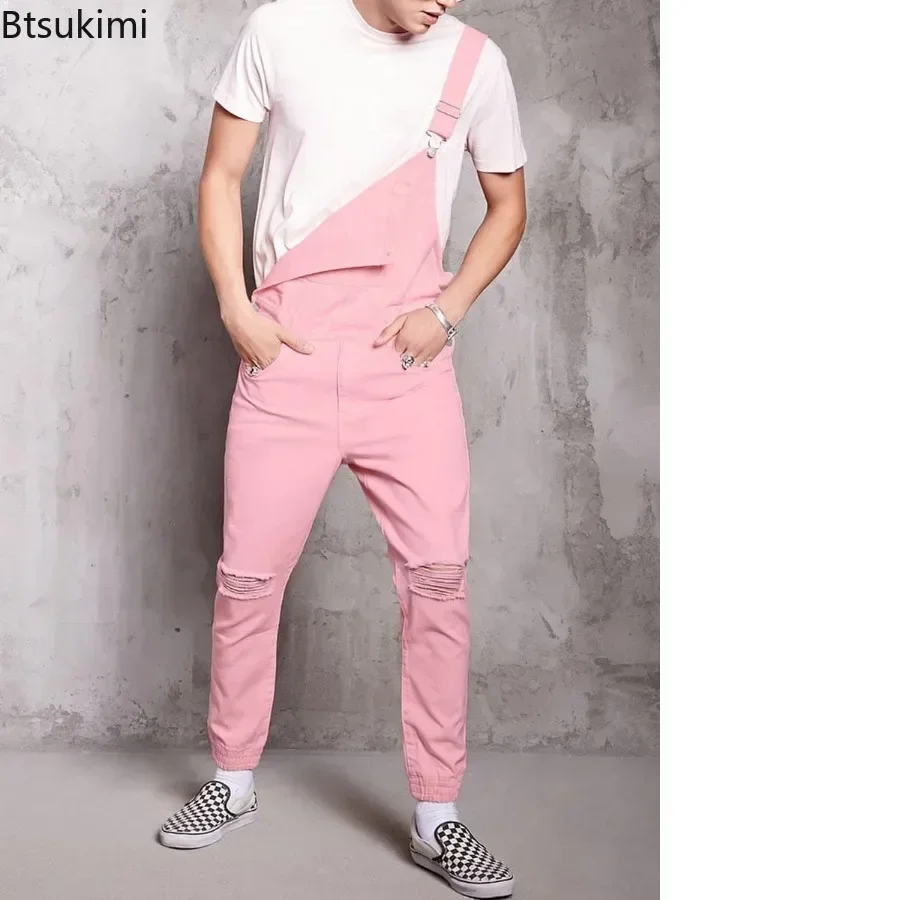 Pink Retro Men's Jeans Jumpsuits Denim Strap Pants Fashion Streetwear Cowboy One Piece Pants Distressed Casual Trousers for Men