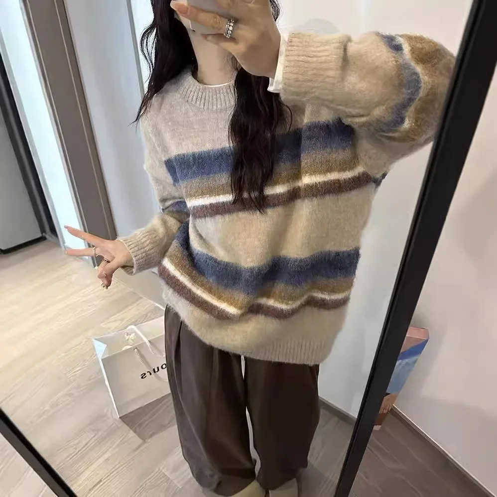 Invierno otoño nueva moda mujer color codificado rayas suelta Casual moda cuello redondo manga larga suéter tejido jerseys Mujer
