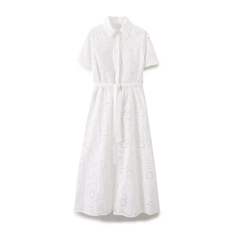 Tangada 2024 Women Embroidery Cotton Dress With Slash Short Sleeve Females White Midi Dresses 6H0104