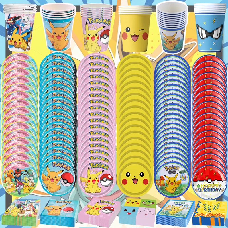 Kit de Decoración para Fiesta de Cumpleaños de Pokémon, Lindos Globos de Pikachu, Vajilla de POKEMON GO, Platos de Papel, Vasos, Servilletas, Suministros para Fiestas, Recuerdos