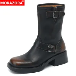 MORAZORA 2024 nowe damskie buty motocyklowe klamry kwadratowe obcasy zimowe jesienne botki ręcznie robione damskie buty Retro