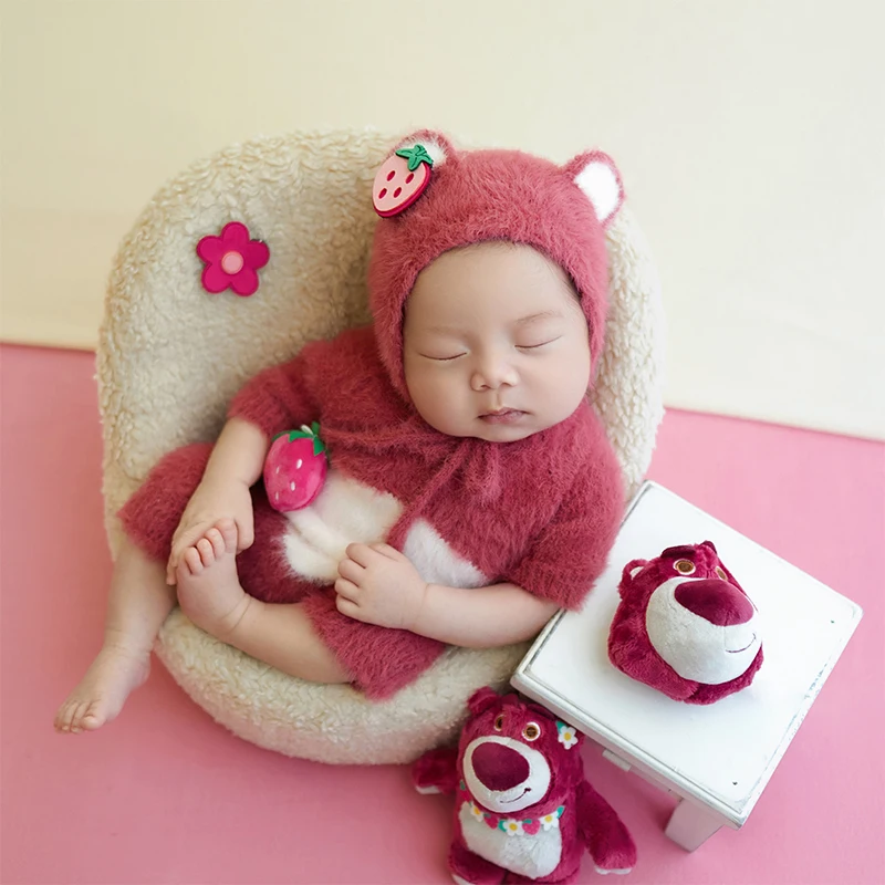 Newborn Photography outfit Strawberry Theme Pink Bear Bodysuit Outfit Doll Prop Patchwork Background Adorable Baby Costume