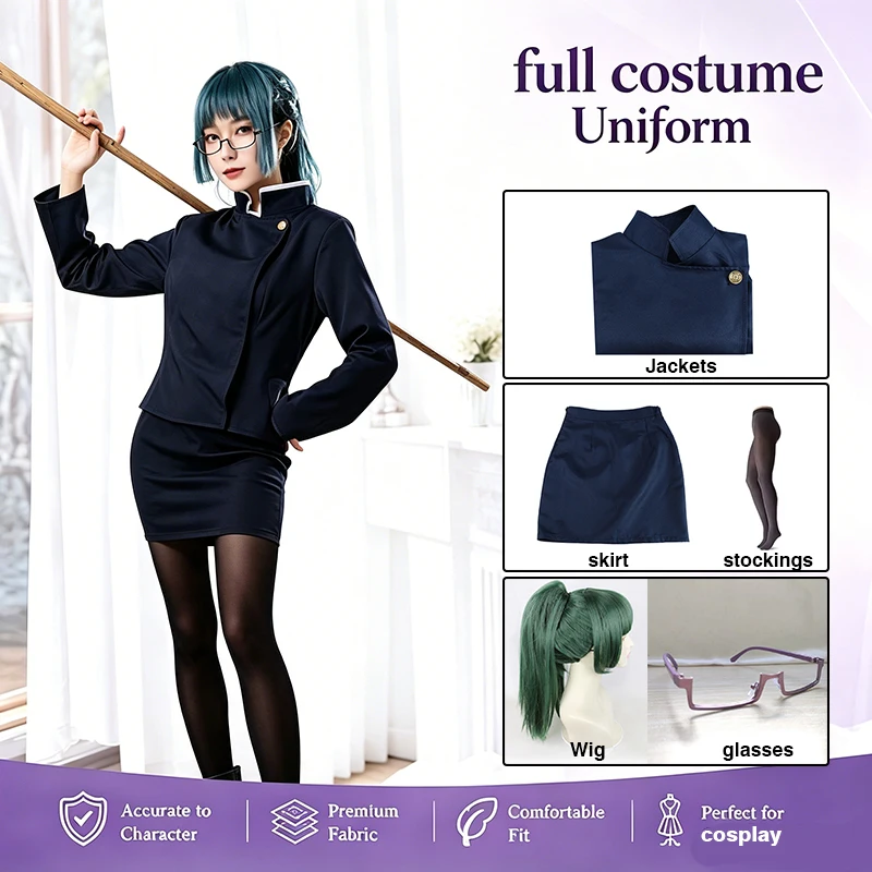 

Jujutsu Kaisen Maki Zenin Cosplay Costume Maki Zenin Glasses Wig Top Skirts Full Set Maki Halloween Party Uniform Women INSTOCK