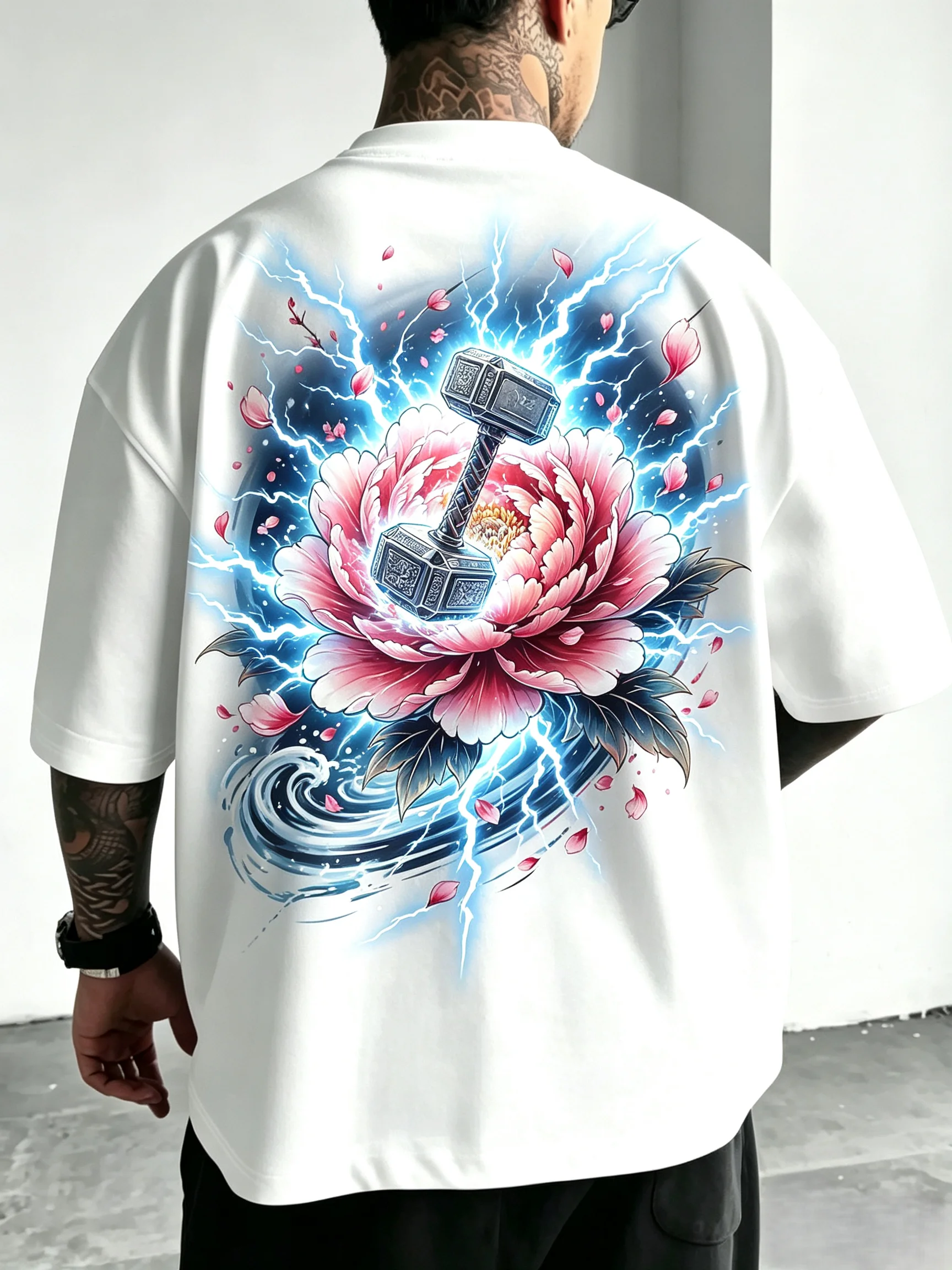 Unisex Peony Hammer Lightning Ocean Wave T-Shirt Men Women Chinese Style Color Back Print Graphic Tee Harajuku Oversized Streetwear Short Sleeve Tops