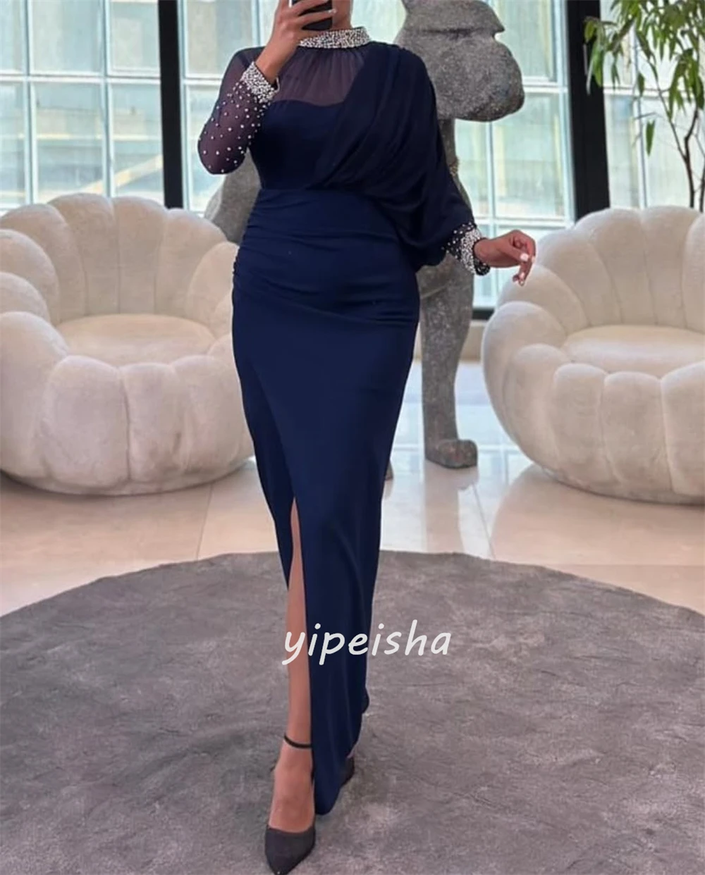 تخصيص الرسمي الكلاسيكي جيرسي حجر الراين الطية العمود عالية طوق الكاحل طول فساتين مناسبة مخصصة فساتين النمط الحديث